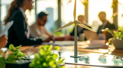 Presentation on renewable energy and engineering, featuring business professionals in a meeting focused on sustainability and environmental planning. Includes technology