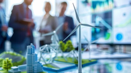 Presentation on renewable energy and engineering, featuring business professionals in a meeting focused on sustainability and environmental planning. Includes technology