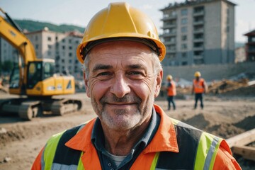 Close portrait of a smiling senior Kosovar man construction worker looking at the camera, Kosovar outdoors construction site blurred background