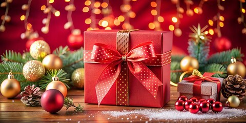 New Year's Gift Box in Red Packaging – Festive Holidays, Celebration, Surprise, Wrapped Presents, Decorative Bow, Seasonal Gifts, Joyful Moments, Holiday Spirit, New Year Traditions