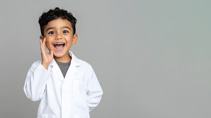 Hispanic little boy smiling excited wearing doctor lab coat image ideals