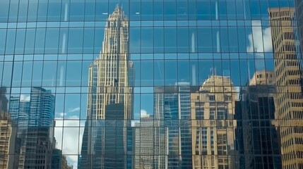 Fototapeta premium Modern office buildings reflect off each other's glass facades creating an intriguing visual effect that showcases urban architecture, the beauty of contemporary design in a bustling city environment.