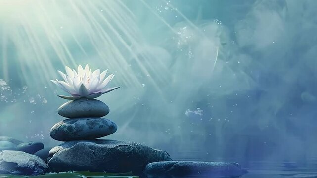 Serene Zen garden with stones and lotus flower in soft light. Ideal for calming, meditative, and wellness themed visuals. Perfect for backgrounds, wallpapers, and stress relief aids. Generative AI