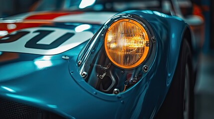 Close-up of a vintage blue car headlight with orange reflector