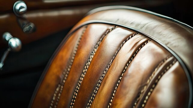 Fototapeta Close-up of a Vintage Car's Leather Seat with Stitching