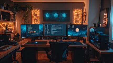 Modern workspace with dual monitors and ambient lighting for productivity