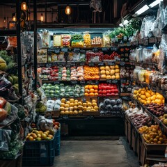 Obraz premium Fresh Produce Market Stall with Colorful Fruits and Vegetables