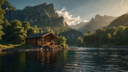 Fototapeta premium photo of a beautiful wooden house on the edge of a lake made by AI generative