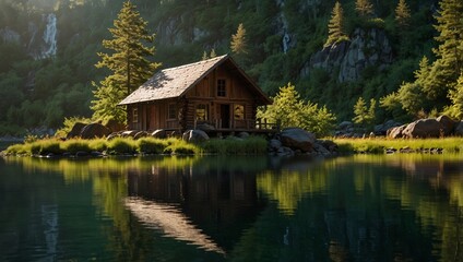 Fototapeta premium photo of a beautiful wooden house on the edge of a lake made by AI generative