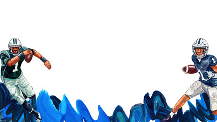 The American football players in the blue uniforms have blue smoke below them., hand-drawn watercolor frame design