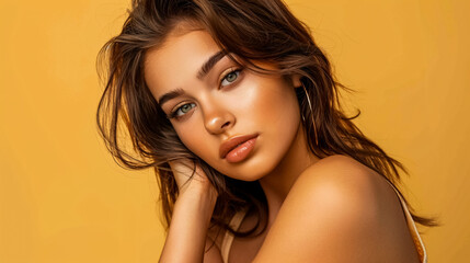 Fototapeta premium Elegant Summer Fashion: Pretty woman with tanned skin, wearing a trendy dress for a casual summer party, with styled hair, makeup, and accessories in a studio setting.
