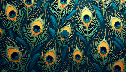 Fototapeta premium Peacock feather motif background, stylized peacock feathers in deep blues, greens, and golds, capturing the exotic and luxurious feel of the Art Nouveau period