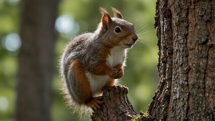Fototapeta premium photo of a squirrel climbing a tree in the park made by AI generative 