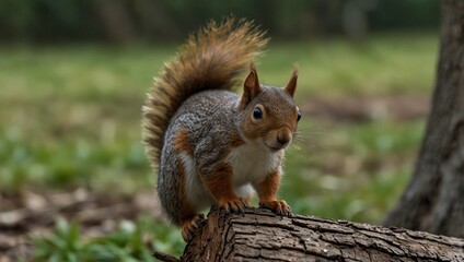 Obraz premium photo of a squirrel climbing a tree in the park made by AI generative 