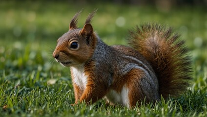 Fototapeta premium landscape photo of a brown squirrel on the grass made by AI generative