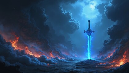 Enigmatic Fantasy Artwork with Glowing Sword and Swirling Smoke