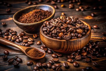 Night Photography of Robusta Coffee Beans in a Wooden Bowl with Coffee Grounds in a Spoon, Capturing Rich Textures and Deep Colors for Coffee Lovers and Enthusiasts
