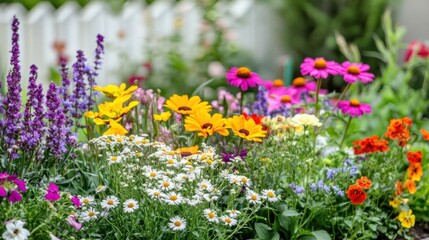 Fototapeta premium Colorful garden with a mix of flowers blooming on a white background
