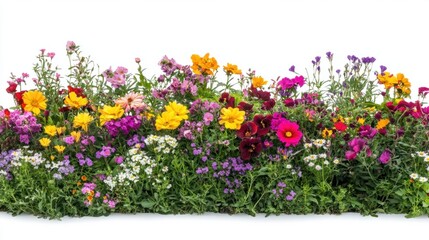 Fototapeta premium Dense flower garden with mixed blooms in vivid colors isolated on white