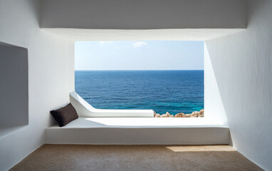 A serene coastal view from a modern room with white walls overlooking the blue sea