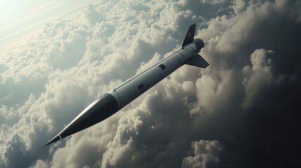 Detailed view of missile with pointed warhead, representing strength and precision, on a cloudy background