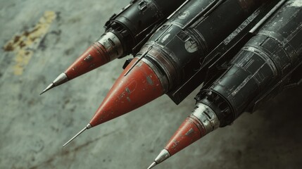 Naklejka premium Detailed view of missile warhead and fins, capturing a sense of technological advancement, on a plain background