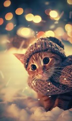 Obraz premium A cute cat wearing a knitted hat and scarf in the snow. AI.