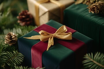 presents wrapped in velvet emerald green, navy, and burgundy papers, tied with golden ribbons; surrounded by sprigs of pine and lush greenery for a classic holiday look