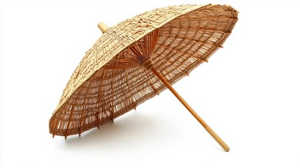 Elegant straw umbrella with woven canopy isolated on a white background