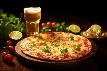 Mouthwatering margherita pizza with fresh ingredients on rustic wooden table setting