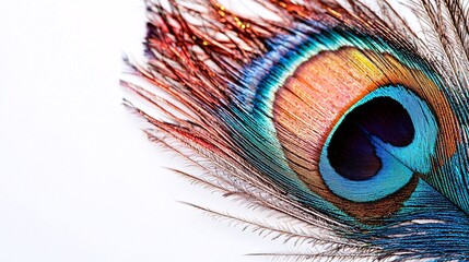A vibrant feather displaying elaborate patterns and hues against a pristine white backdrop, perfect for creative and decorative uses.