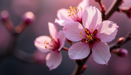 Fototapeta premium Close-Up of Delicate Pink Cherry Blossoms with Intricate Stamens