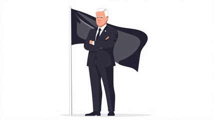 A confident president in formal attire with a flag symbolizes leadership and authority in this isolated illustration.