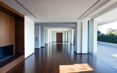 Fototapeta premium Modern empty interior of a spacious living room with wooden flooring and large windows