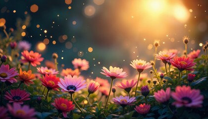 Lush Garden at Twilight with Colorful Flowers and Dancing Fireflies