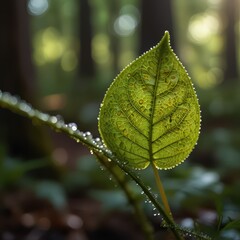 Serene Macro Nature Photography - Dew-Covered Leaf with Morning Sunlight in Peaceful Forest