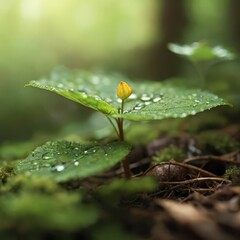 Serene Macro Nature Photography - Dew-Covered Leaf with Morning Sunlight in Peaceful Forest