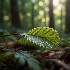 Serene Macro Nature Photography - Dew-Covered Leaf with Morning Sunlight in Peaceful Forest