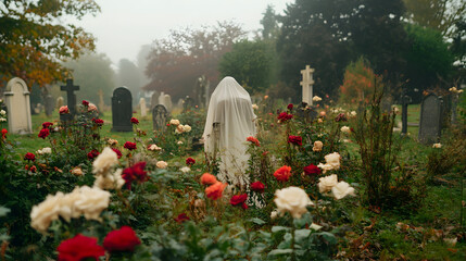 A ghostly figure among wilted flowers in a graveyard.