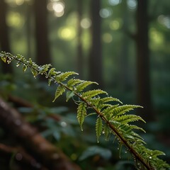 Serene Macro Nature Photography - Dew-Covered Leaf with Morning Sunlight in Peaceful Forest