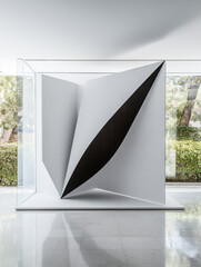 Modern minimalist sculpture in a bright gallery featuring dynamic geometric shapes and shadows