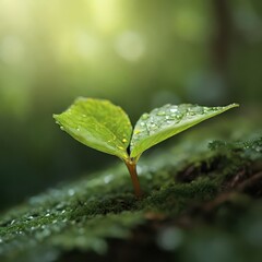 Serene Macro Nature Photography - Dew-Covered Leaf with Morning Sunlight in Peaceful Forest