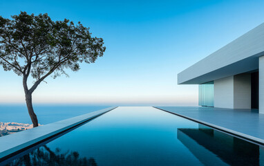 Fototapeta premium Modern villa with infinity pool overlooking the ocean during a clear day
