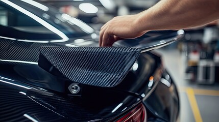 A Person's Hand Resting on a Black Car's Carbon Fiber Spoiler