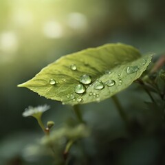 Serene Macro Nature Photography - Dew-Covered Leaf with Morning Sunlight in Peaceful Forest