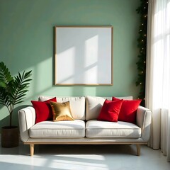 Al modern living room with a beige sofa, red throw pillows, a blank frame on the wall, and potted plants