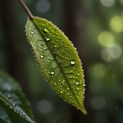 Serene Macro Nature Photography - Dew-Covered Leaf with Morning Sunlight in Peaceful Forest
