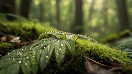 Serene Macro Nature Photography - Dew-Covered Leaf with Morning Sunlight in Peaceful Forest