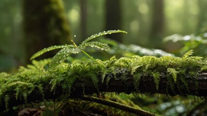 Serene Macro Nature Photography - Dew-Covered Leaf with Morning Sunlight in Peaceful Forest