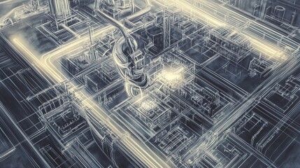 Fototapeta premium Futuristic Robotic Arm Assembling Electronic Components: A Stunning Poster for High-Tech Interior Décor, Featuring Sleek Design and Vibrant Blue and Orange Lighting in a Modern Industrial Setting.